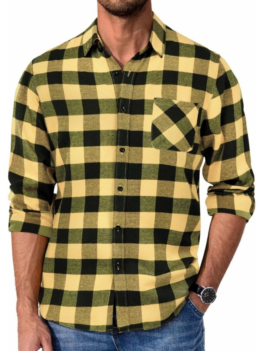 Men's Yellow Polyester Blend Long Sleeve Plaid Casual Flannel Button Down Shirt